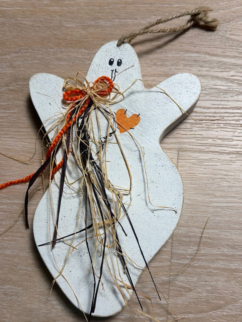 Handmade Rustic Wooden Ghost Hanging Decoration with Raffia Bow Halloween 9”
